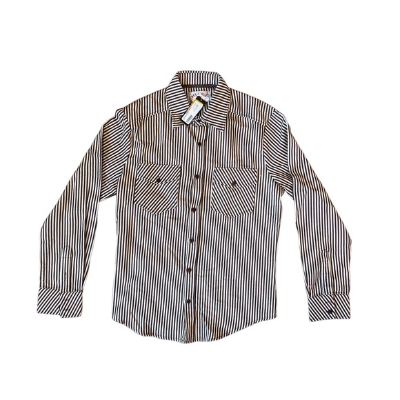 Mens HUCKS Vintage Striped‎ Brown Cream Long Sleeve Shirt sz Medium - Picture 1 of 3